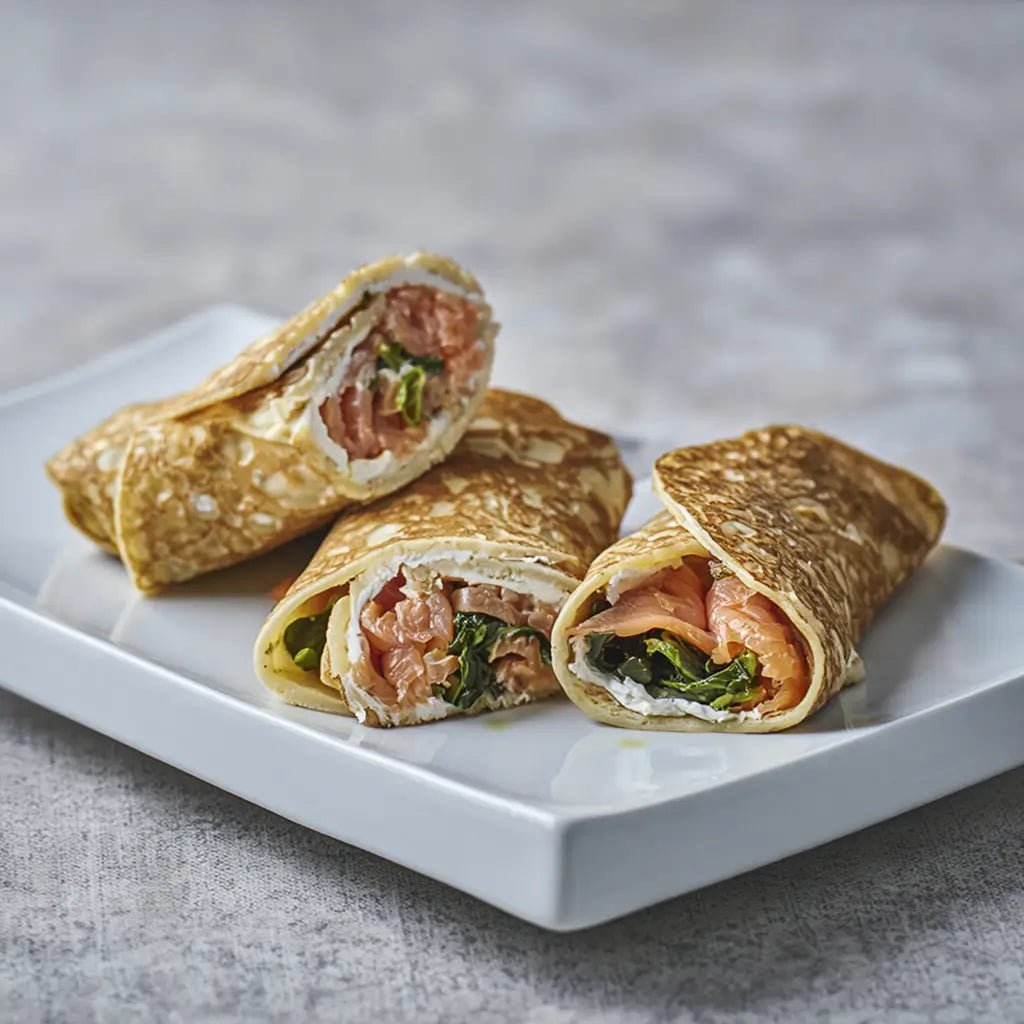 Creps de salmón ahumado con espinacas, pasas, piñones y crema de queso – Prepared Meals & Entrées | Bacalalo gourmet