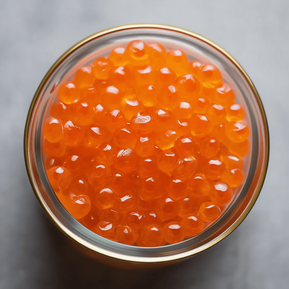 Detalle de huevas de salmón tanit keta premium, corte fino y sedoso