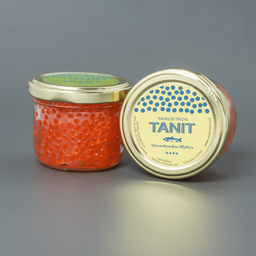 Detalle de huevas de trucha tanit calidad premium, granos firmes que explotan en boca