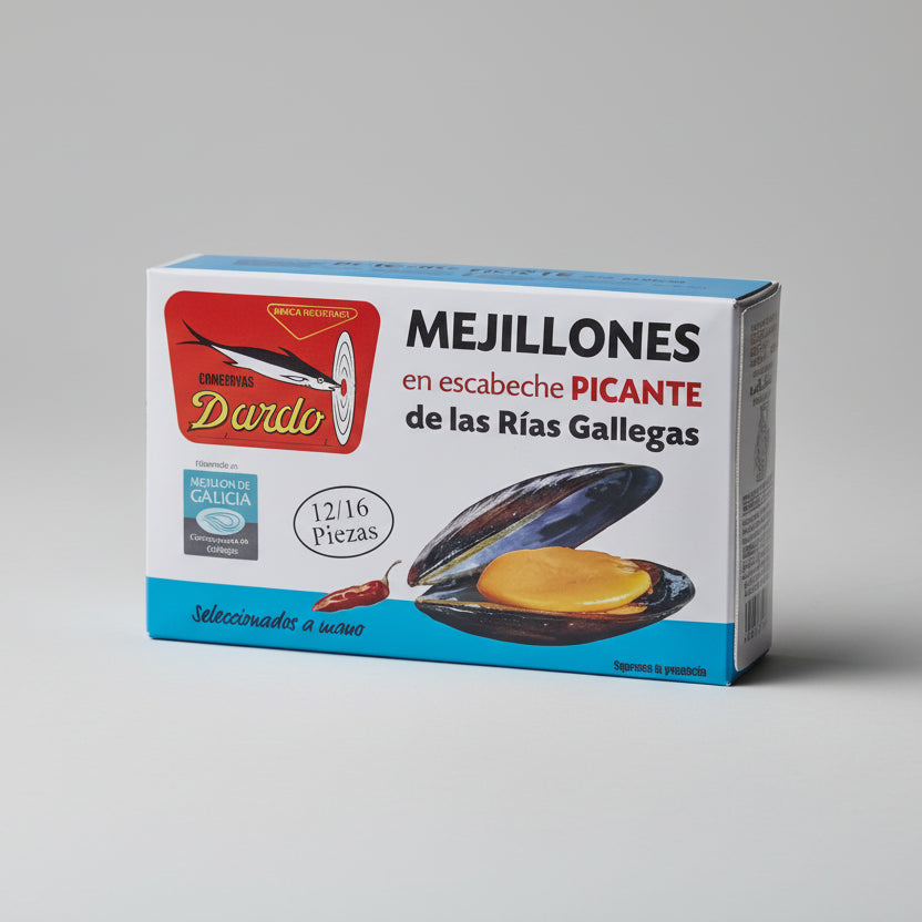 Mejillones en Escabeche Picante en su envase original listo para enviar