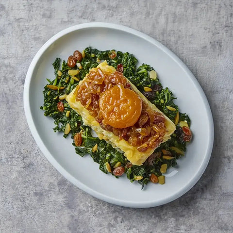 Morro de bacalao con cebolla caramelizada, espinacas y almendras – Prepared Meals & Entrées | Bacalalo gourmet