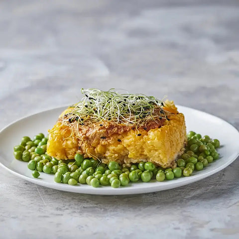 Morro de bacalao con salsa romesco y brotes de ajo sobre guisantes – Prepared Meals & Entrées | Bacalalo gourmet