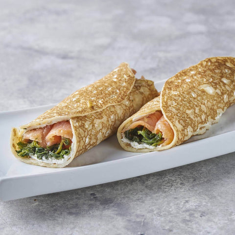 Creps de salmón ahumado con espinacas, pasas, piñones y crema de queso – Prepared Meals & Entrées | Bacalalo gourmet